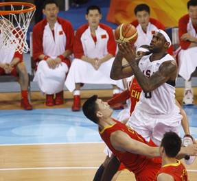 Lebron james shoots over yao ming, beijing Olympics, china