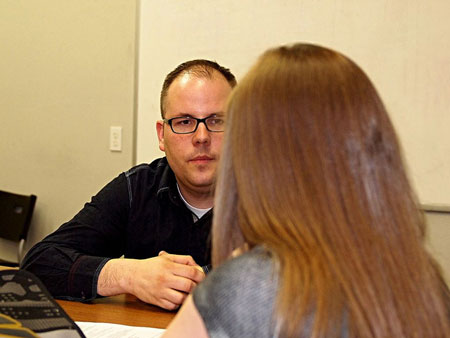 during an interview, being interviewed