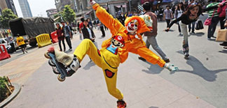 Serious Wuhan Security Guard by Night, Colorful Clown by Day